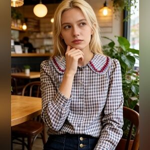 Checked Button-Up Top with Scalloped Peter Pan Collar - Blue/Red Size L